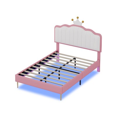 TiramisuBest Twin size Upholstered Princess Bed With Crown Headboard - Pink PU Design