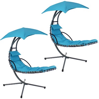 Sunnydaze Outdoor Hanging Chaise Floating Lounge Chair with Canopy Umbrella and Stand, Teal, 2pk