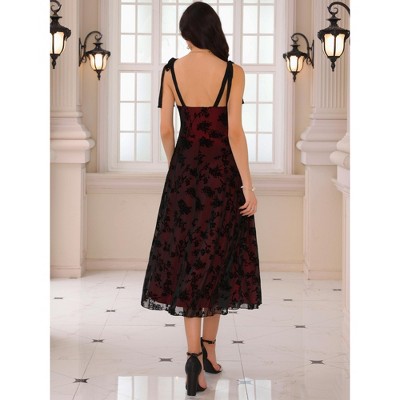 Женские платья INSPIRE CHIC Women's Sleeveless Spaghetti Strap Floral Mesh A-Line Midi Dress Small Black — фото 4