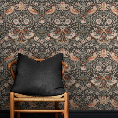 William Morris Charcoal Floral Vinyl Wallpaper Double Roll