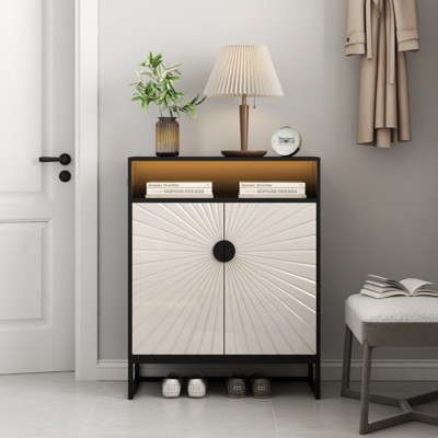SKRAN 5-Tier Shoe Storage Cabinet, Wooden Shoe Cabinet with Doors Modern Shoe Organizer with Open Shelves for Entryway, Hallway, Living Room