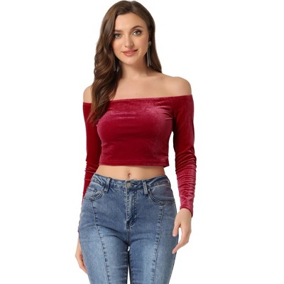INSPIRE CHIC Women's Velvet Solid Stretch Long Sleeve Off Shoulder Crop Tops