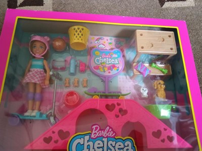 Barbie Toys, Chelsea Doll and Accessories, Skatepark Playset with 2  Puppies, Skate Ramp, Scooter, Sticker Sheet and 15+ Additional Pieces