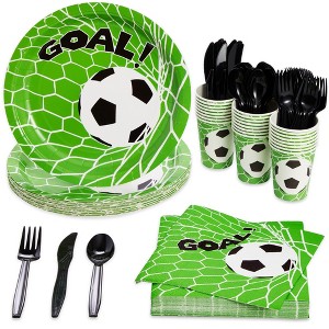 Juvale 144-Piece Soccer Themed Birthday Party Supplies, Bundle Includes Paper Plates, Napkins, Cups, and Plastic Cutlery (Serves 24) - 1 of 4