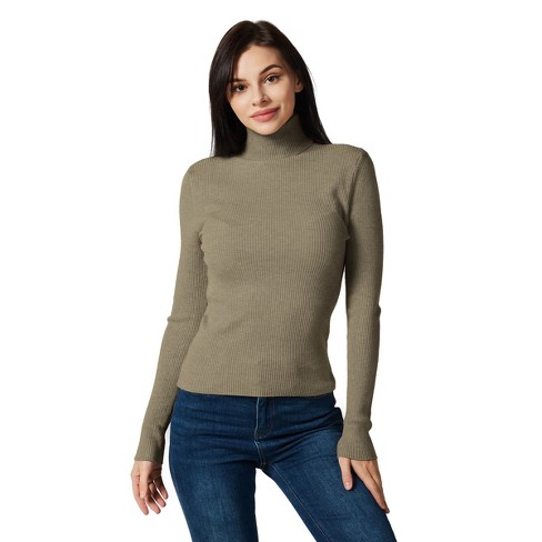 Lightweight Ribbed Turtleneck For Women - Slim Fit - Army Green