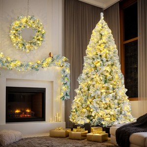 Resenkos 6FT Snow Flocked Christmas Tree, Pre-Lit Set with Tree & Garland & Wreath, Artificial Hinged Xmas Tree White - 1 of 4