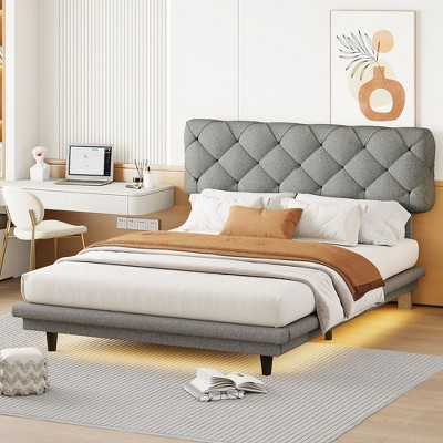 Full Size Upholstered Bed With Light Stripe, Headboard Floating ...