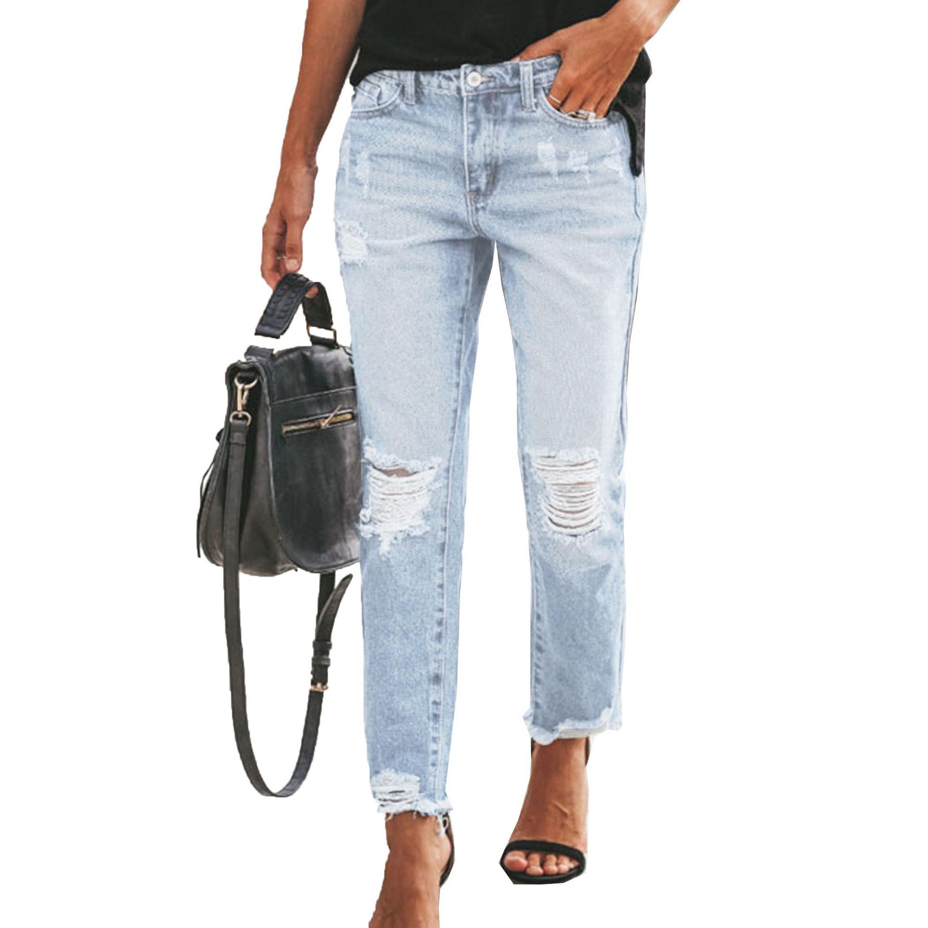 Womens Jeans Long High Waisted Stretchy Ripped Distressed Tummy Control Straight Ankle Jean