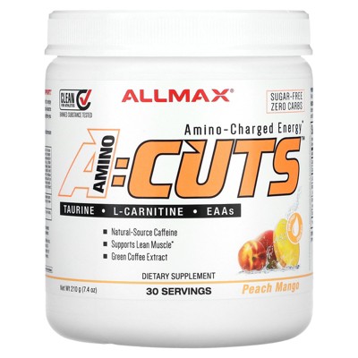 ALLMAX A:CUTS Amino-Charged Energy Drink, Peach Mango - 210 g - with Caffeine, Green Coffee Extract, L-Carnitine & 2000 mg of Taurine - Sugar & Gluten
