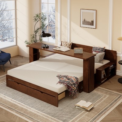 Racxily Queen Size Daybed with Removable Desk, Storage Drawers & Hydraulic Side Table, Espresso