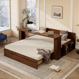 Racxily Queen Size Daybed with Removable Desk, Storage Drawers & Hydraulic Side Table, Espresso - 1 of 4