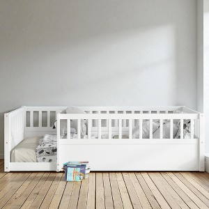 Mshliw Twin/Full Size Floor Bed with Safety Fence and Open Door, Wooden Montessori Style Platform Bed Frame for Toddlers and Kids Bedroom or Playroom - 1 of 4