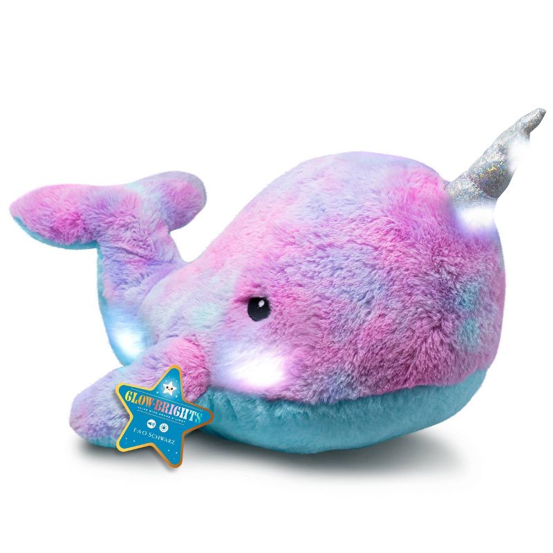 FAO Schwarz Glow Brights Toy Plush LED with Sound Narwhal 17&#34; Stuffed Animal, 1 of 9