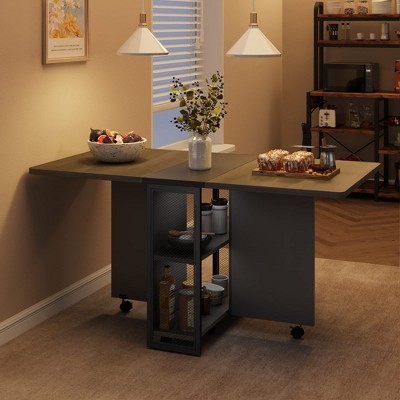 Folding Dining Table, Drop Leaf Dining Table for 4, Foldable Kitchen Table with 2 Storage Shelf