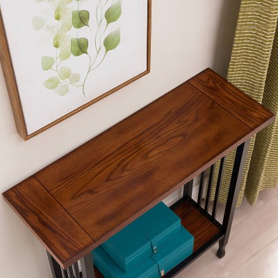 Mission Oak and Black Metal Console Table with Storage