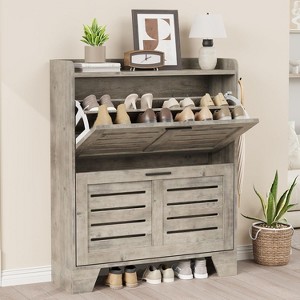 Shoe Cabinet Storage for Entryway, Narrow Shoe Cabinet with 2 Flip Drawers, Freestanding Hidden Slim Shoe Organizer Cabinet with Hooks Garage,Gray - 1 of 4
