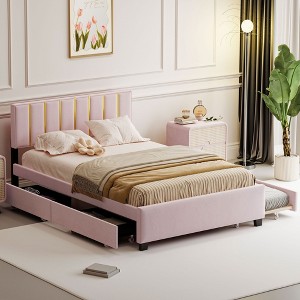 Queen Size Upholstered Platform Bed with 2 Drawers and 1 Trundle, Classic Metal Strip Headboard Design 4B - ModernLuxe - 1 of 4