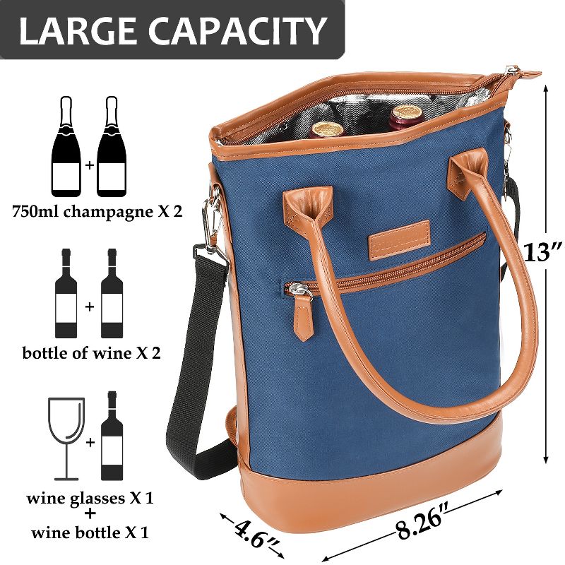 Tirrinia Insulated Wine Gift Bag - Padded 2 Bottle Wine Tote Carrier, Portable Wine Cooler Bag for Party Beach Travel, Gifts Idea, 3 of 7