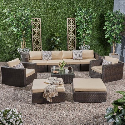 9pc Santa Rosa Wicker Patio Seating Sectional Set with Sunbrella Cushions Brown - Christopher Knight Home