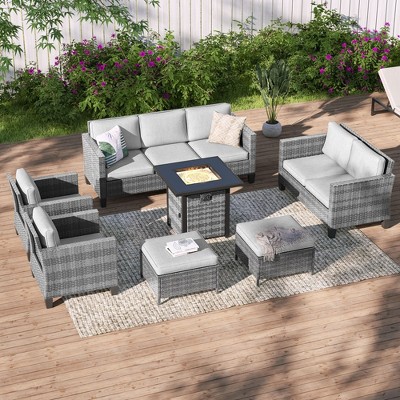Sonkuki 7 Pieces Patio Sofa with Square Fire Pit Table and Ottomans, Wicker Conversation Couch, Sand Cushion