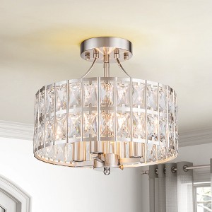 Rennnsan Lunara 12" W 4 -Light Crystal Dimmable Mid-century Drum Shaded Semi Flush Mount in Matte Black & Chrome & Brass - 1 of 4