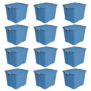 Sterilite 20 Gallon Latch Tote with In Molded Handles, Robust Latches, and Contoured End Panels for Home Storage Bins, Blue Ash (12 Pack) - 1 of 4