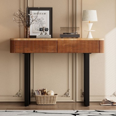 NicBex Rustic Solid Wood Entryway Table with Storage Drawers,Fluted Design Entryway Table with Metal Legs,Foyer Tables for Entryway,Hallway