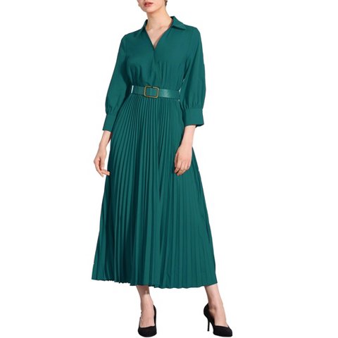 Женские платья INSPIRE CHIC Women's Casual Pleated Collar V Neck Belted Maxi Dresses Dark Green Small