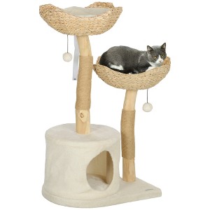 PawHut 37 Inch Modern Cat Tree w/ Wooden Scratching Posts, Condo, Beds, Cushions, Toy Balls, Anti-Tip Kit for Indoor Adult Cats & Kittens, Cream White - 1 of 4