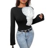 Women's Black Bodysuit with 3D Floral Long Sleeve Round Neck Romper Stretch Basic Top - 2 of 4
