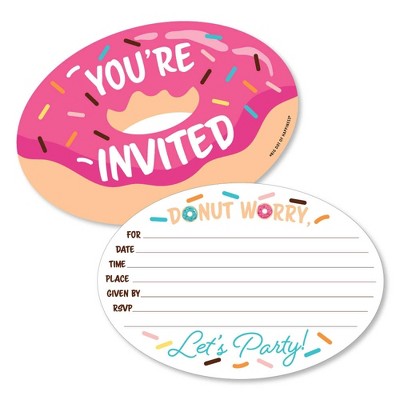 Big Dot of Happiness Donut Worry, Let's Party - Shaped Fill-in Invitations - Doughnut Party Invitation Cards with Envelopes - Set of 12