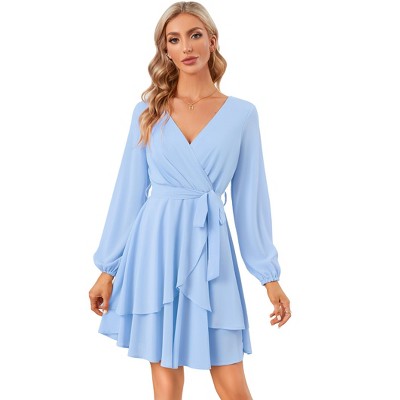 Elegant Dress for Lady Wrap Deep V Neck Dress Long Lantern Sleeve Waist Tie Skater Dress