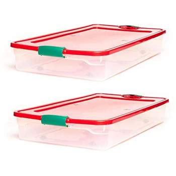 HOMZ 60-Quart Latching Holiday Underbed Durable Storage Organizer Container Box Tote with Easy Grip Handles and Glide Wheels, Clear (2 Pack)