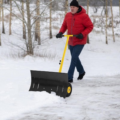 Snow Plow Shovel with Wheels, Heavy Duty Metal Snow Pusher with Adjustable Handle and Angled Blade for Driveway, Doorway, Sidewalk, Pavement