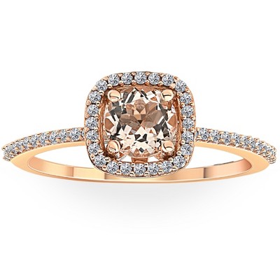 Pompeii3 1 Ct Cushion Halo 6mm Morganite & Diamond Rose Gold Engagement Anniversary Ring