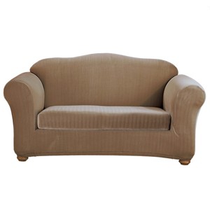 Stretch Pinstripe Loveseat Slipcover Taupe - Sure Fit, Brown