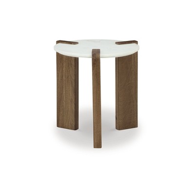 Round White Marble and Brown Wood End Table