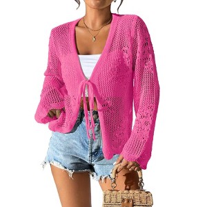 Women's Tie Front Crochet Cardigan Lightweight Hollow Out Knit Cardigan Shrugs Cropped Tops Cover Up - 1 of 4