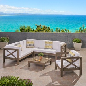 Christopher Knight Home George 5 piece Outdoor Acacia Wood Sectional Set with Coffee Table and Cushions - 1 of 4
