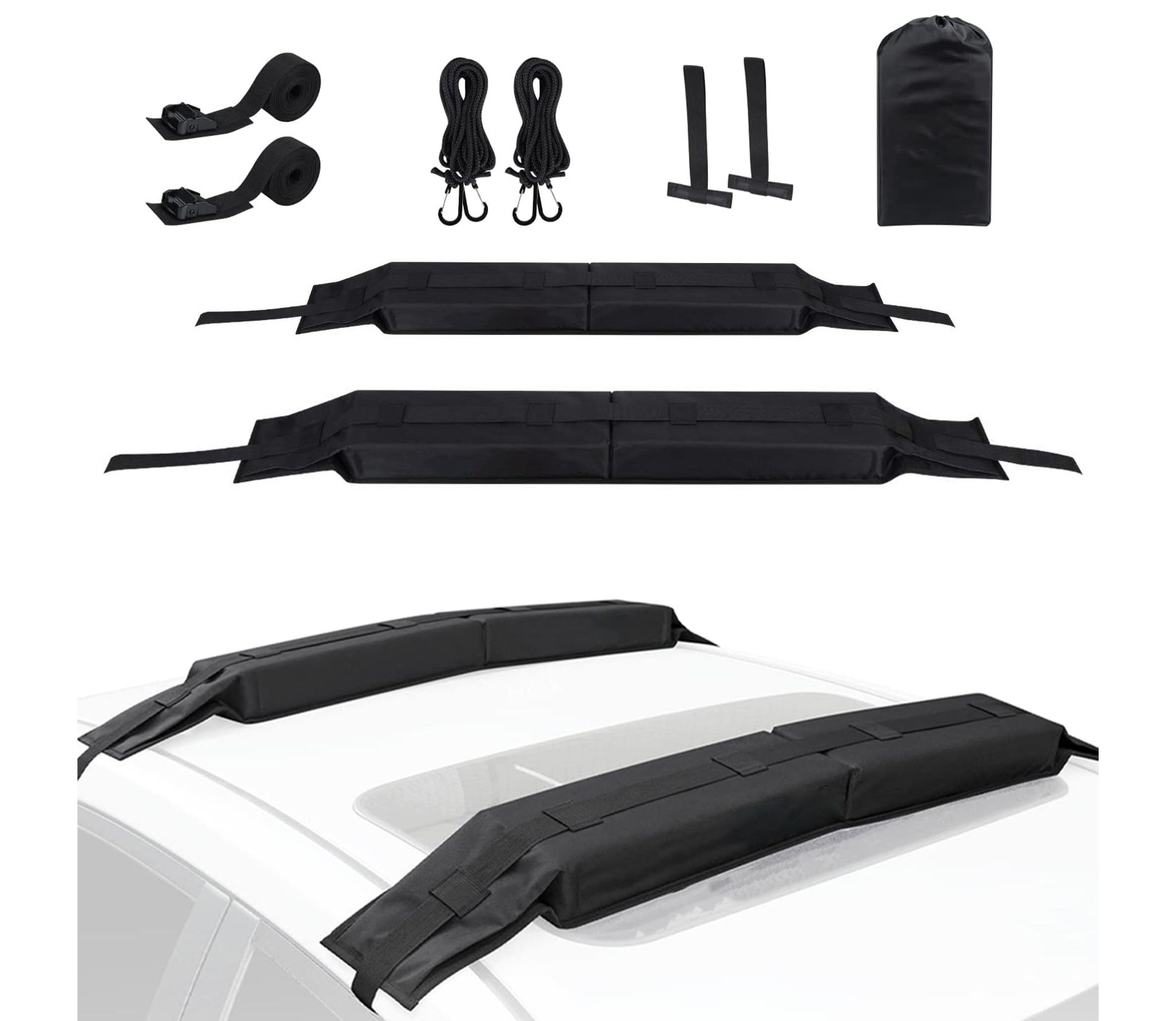 Universal Soft Car Roof Rack Pads with Heavy Duty Tie Down Straps Ropes Hood Loops & Storage Bag, Protective Vehicle Top Cargo Carrier for Kayak