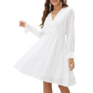 Womens Flutter Sleeve V Neck A Line Chiffon Elastic High Waist Casual Swing Curvy Dress - 1 of 4