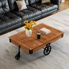 Vintiquewise Large Rustic Vintage Industrial Wooden Coffee Table with Detailed Wood Grain Metal Accents and Black Cast Iron Cart Wheels - 2 of 4