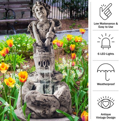 Distressed Stone Cherub Angel Water Fountain with LED Lights