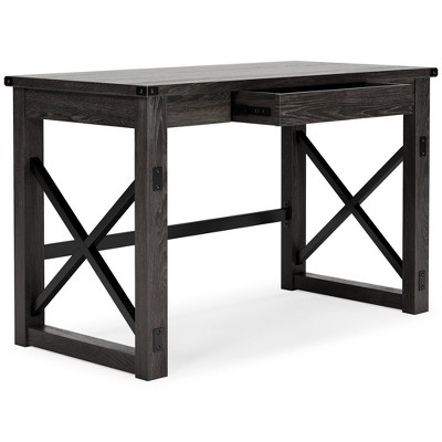 Dark Gray Rustic Wood Office Desk with Drawer and Iron X-Base