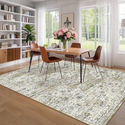 Vintage Floral Area Rug - Non-Slip Low Pile Soft Carpet, Retro Oriental Print Thin Floor Mat for Living Room & Bedroom