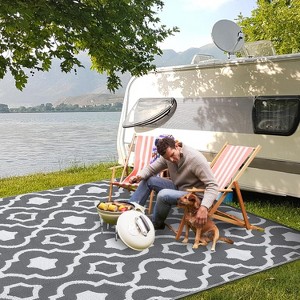 Outdoor Patio Rug, Large Waterproof Plastic Straw Mat, Lightweight Geometric Reversible Carpet for Beach Deck Backyard Balcony Camping RV - 1 of 4