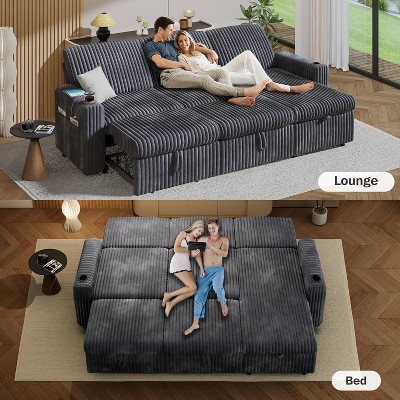 Vipbear 101" Sectional Sleeper Sofa Bed, Pull-Out Bed, Reclining Backrest, Reversible Storage Chaise, USB Ports & Cup Holders