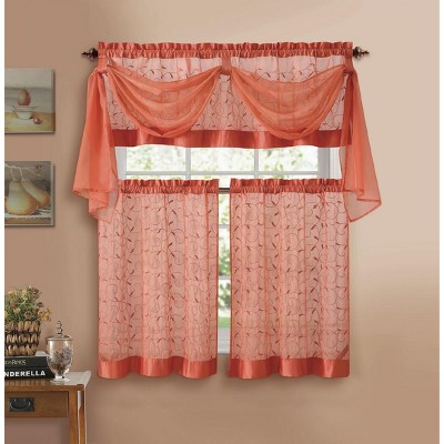 Kate Aurora Complete 4 Piece Linen Leaf Embroidered Complete Kitchen Curtain Set