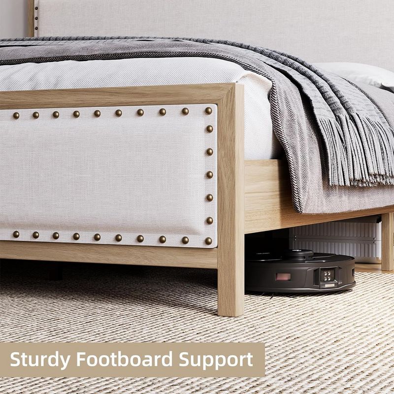 Vintage Wood Grain Metal Platform Bed Frame with Linen Headboard and Footboard, 4 of 7