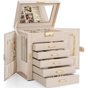 Leather Jewelry Box with Mirror & Lock, 3-Tier Organizer with 2 Drawers for Necklaces & Bracelets - 1 of 4